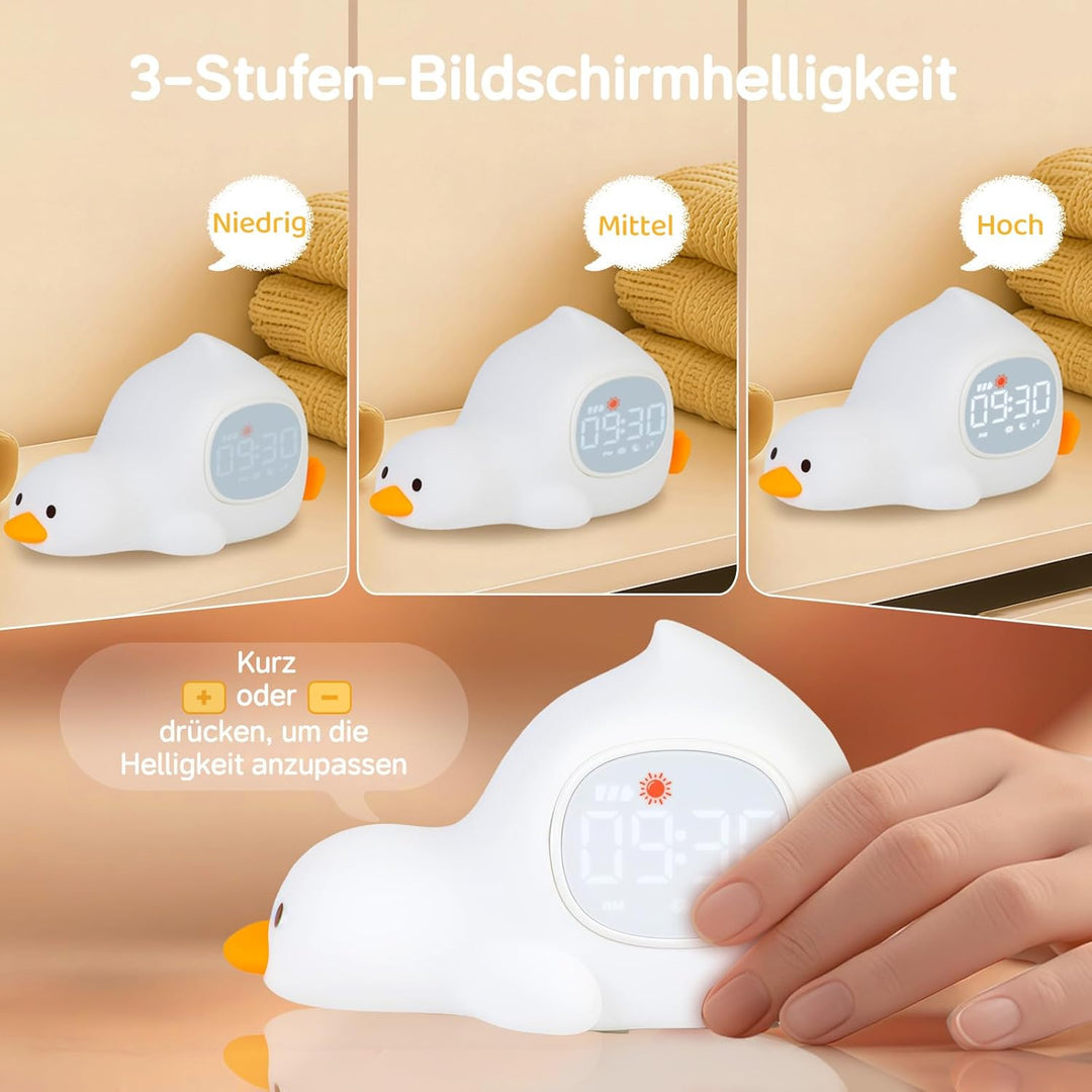 Yiliaw Liegende Ente Kinderwecker mit Nachtlicht – Schlaftrainer &amp; Aufwachuhr, wiederaufladbare Sili