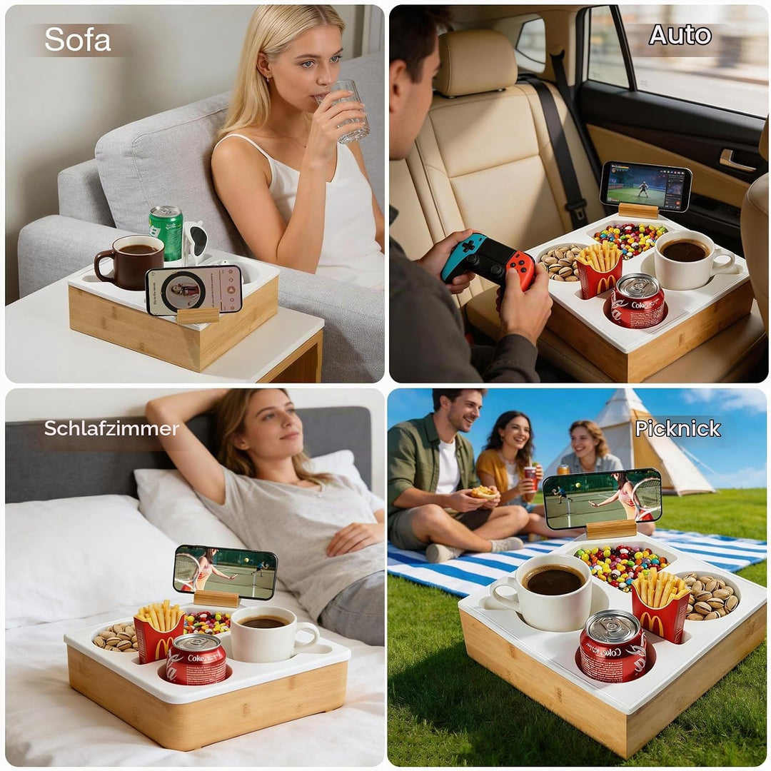 VINATO Couchtisch mit Snackbox, 360° drehbarer Handyhalter, Getränkehalter &amp; Staufächern – Aus Bambu