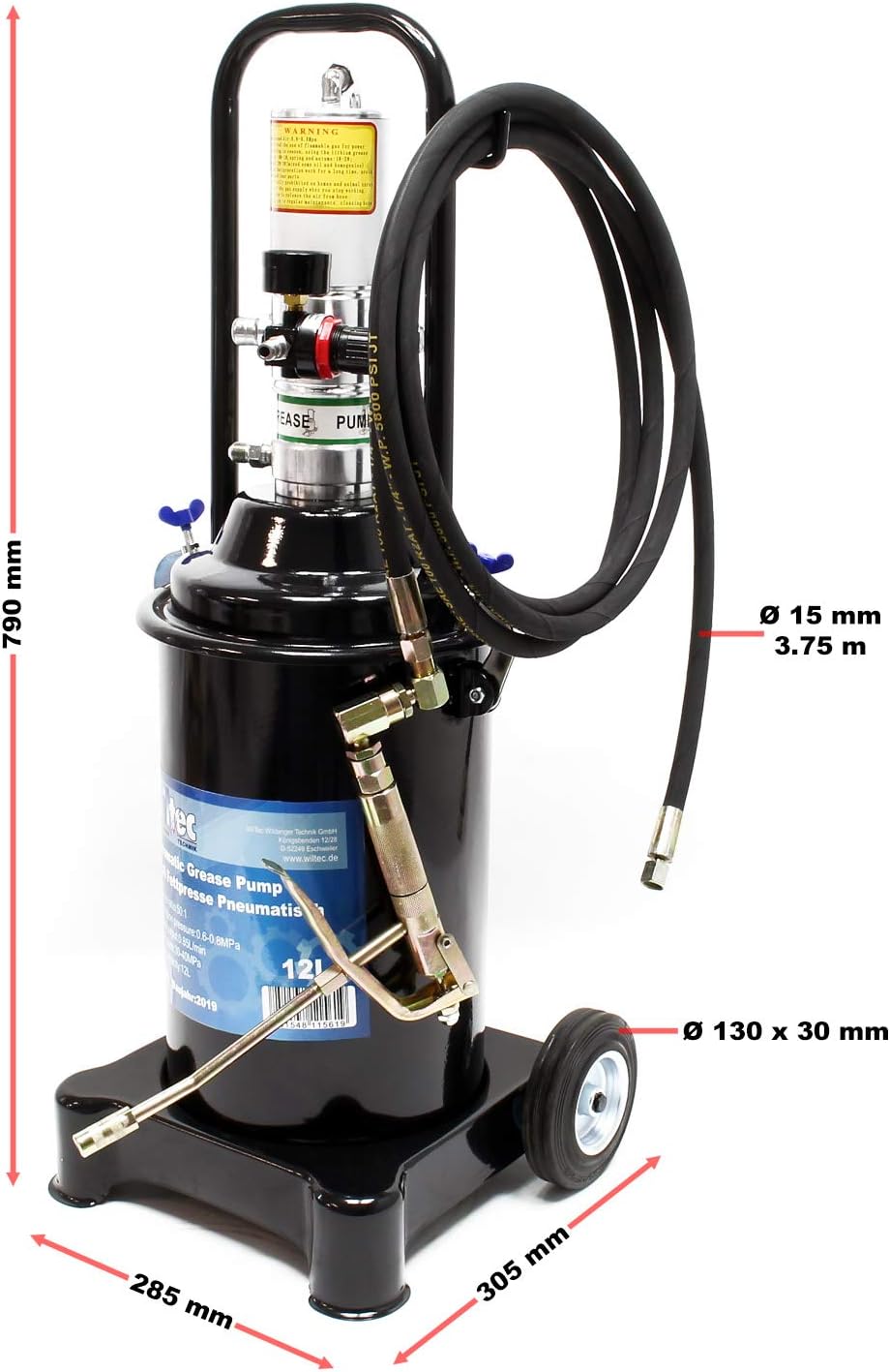 Wiltec Profi Fettpresse fahrbar mit Druckluft betrieben und 12 Liter Tank pneumatische Abschmierpres