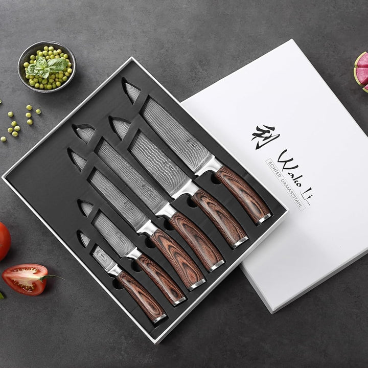 Wakoli 6er Damastmesser Profi Set Edib Serie mit Geschenkox inkl. magnetischem Messerblock aus Akazi