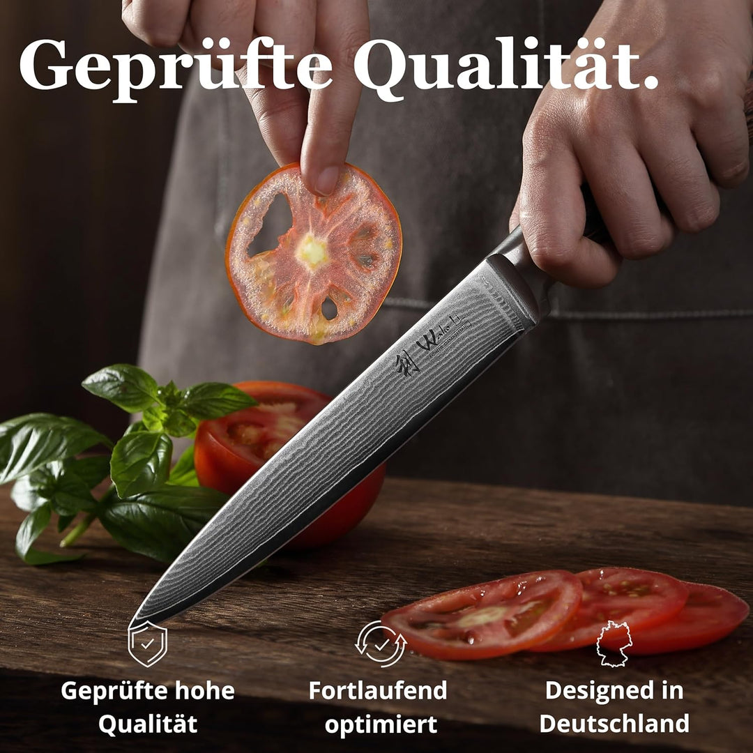 Wakoli EDIB Damast Fleischmesser & Tranchiermesser aus echtem Damaststahl (VG10 Kern) mit 18 cm Klin