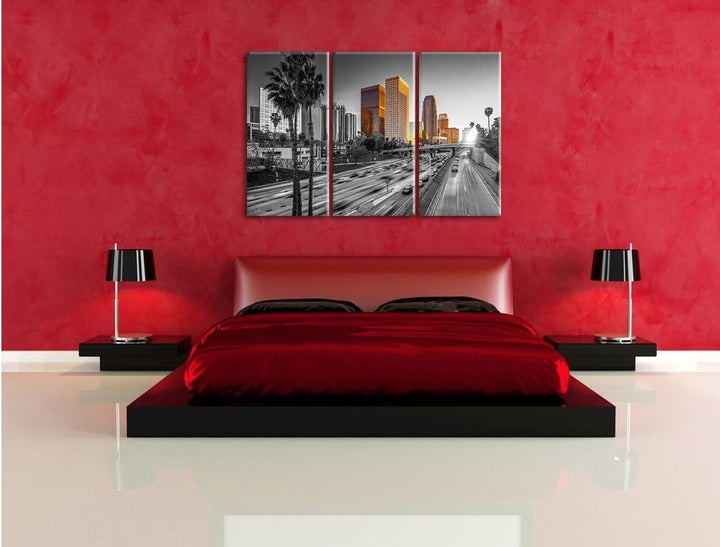 Pixxprint Strassenverkehr in Los Angeles Schwarz/Weiss 3-Teiler Leinwandbild 120x80 Bild auf Leinwan