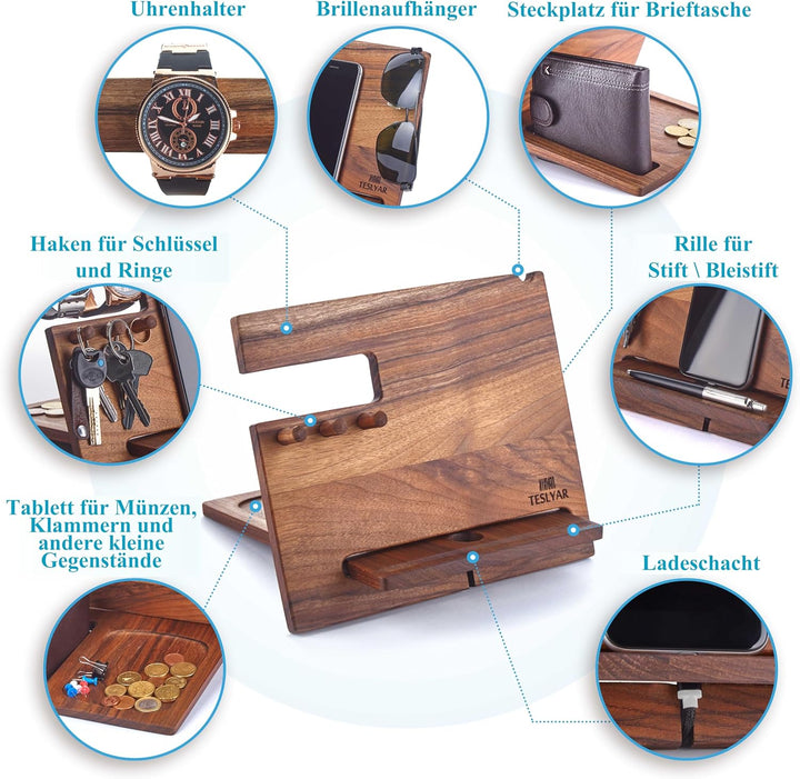 Holz Telefon Dockingstation Nussbaum mit Schlüsselanhänger Geldbörsenständer & Uhren Organisator Her