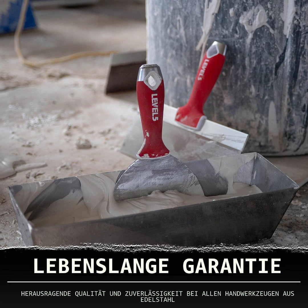 Trockenbau-Handwerkzeug-Set, Edelstahl - LEVEL5 | Fugen-/Tapiermesser + 35,6 cm Schlammpfanne | Soft