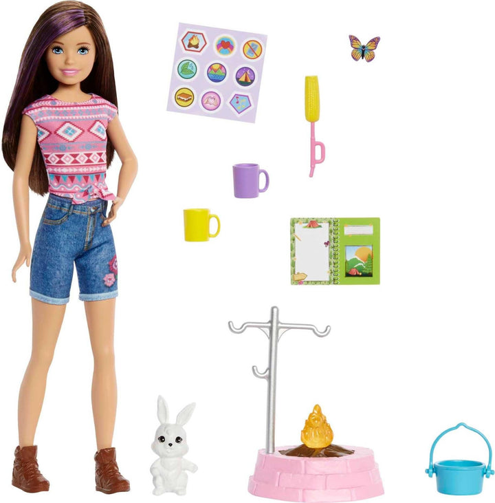 Barbie Camping Serie, Campingset mit Skipper-Puppe, Schmetterling, Hase, Camping Zubehör, Aufkleber,