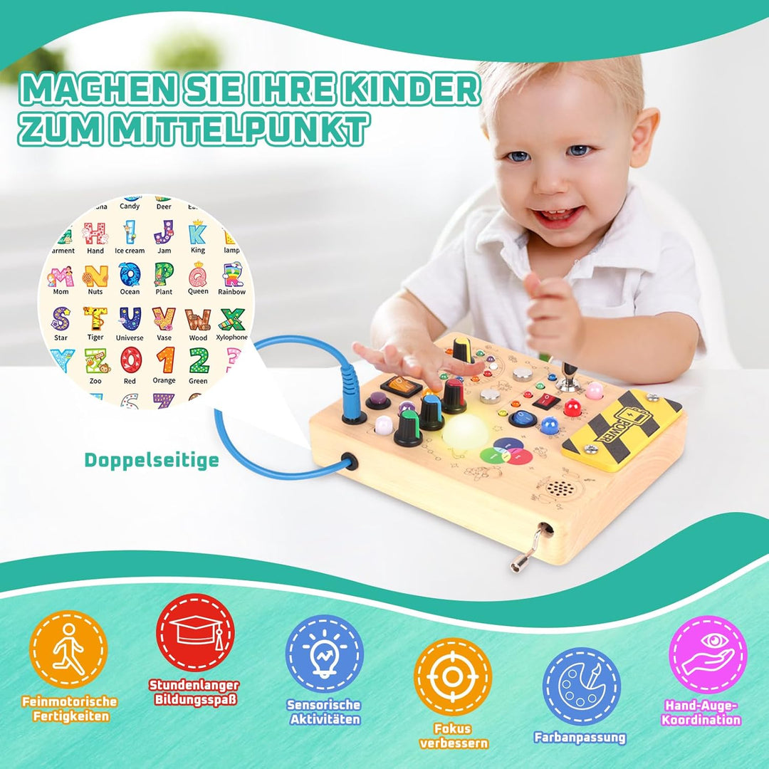 Konijiwa Montessori Busy Board Spielzeug ab 1 Jahr Activity Board Holzspielzeug mit 12 Schalter 24 L