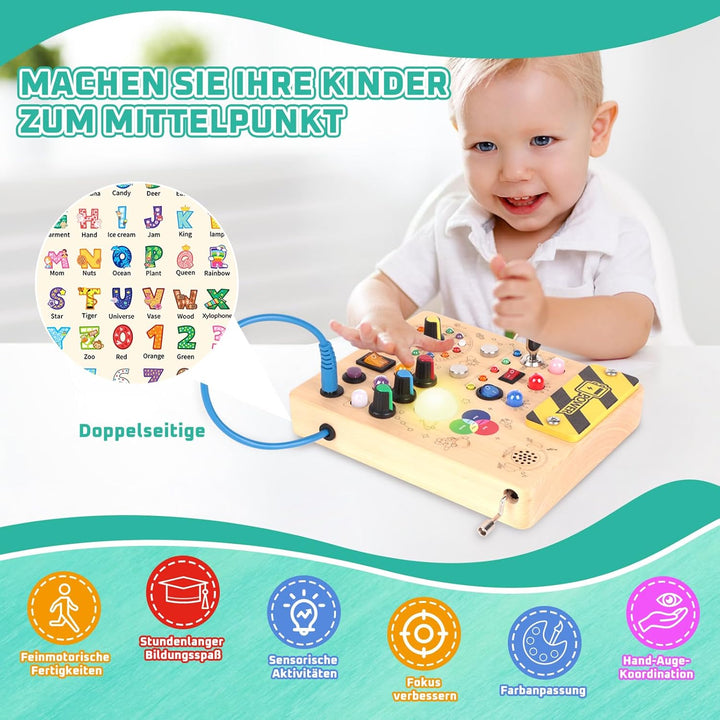 Konijiwa Montessori Busy Board Spielzeug ab 1 Jahr Activity Board Holzspielzeug mit 12 Schalter 24 L