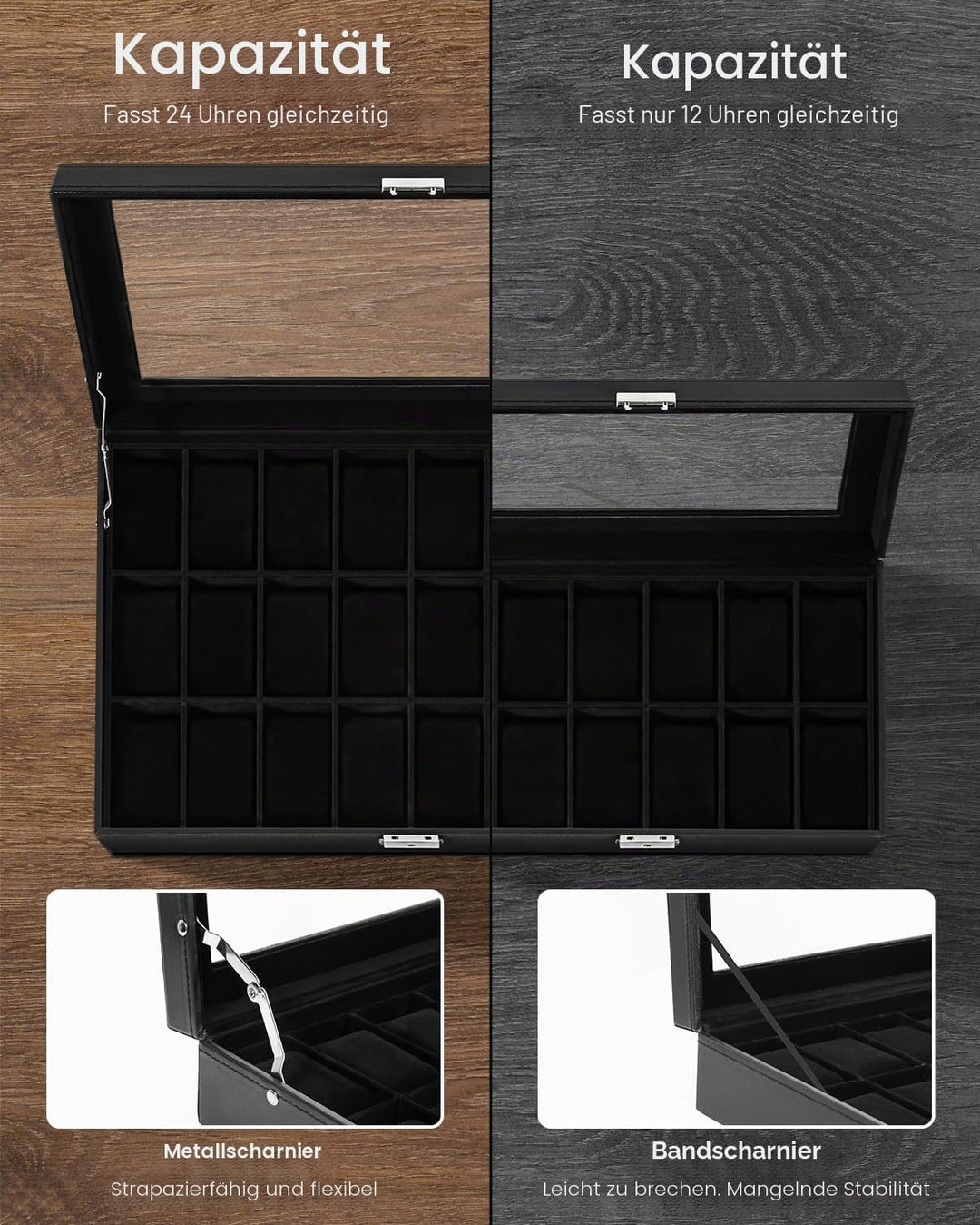 Uten Uhrenbox mit 24 Fächern, Uhrenbox mit Schlüsselschloss, Glasabdeckung, Uhrendisplay Aufbewahrun