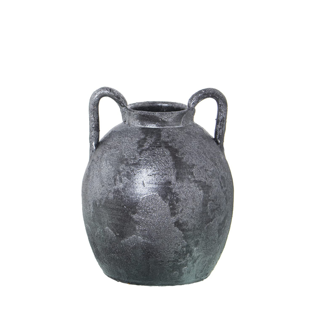 Tischvase mit Griffen aus Keramik, Altsilber, 30 x 22 x 22 cm