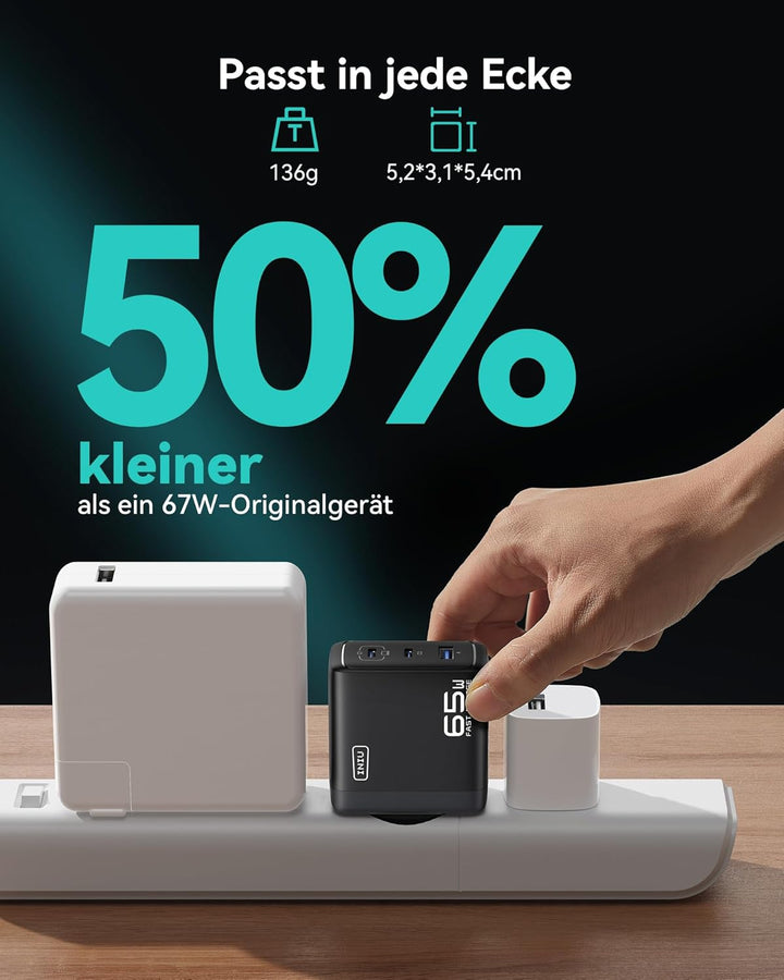 INIU 65W USB C Ladegerät, [USB-C * 2 + USB-A] Netzteil Mehrfach mit USB-C Kabel, PD 3.0 Schnellladeg