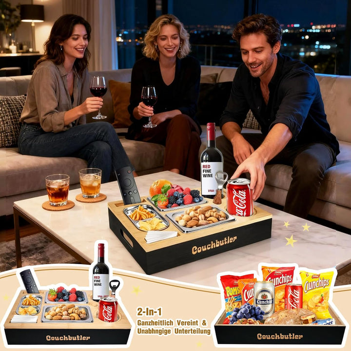 Couchbar Snackbox, Couch Tablett mit Geschenkbox, Couch Butler, Sofa Tablett mit 2 Snackschalen, Get