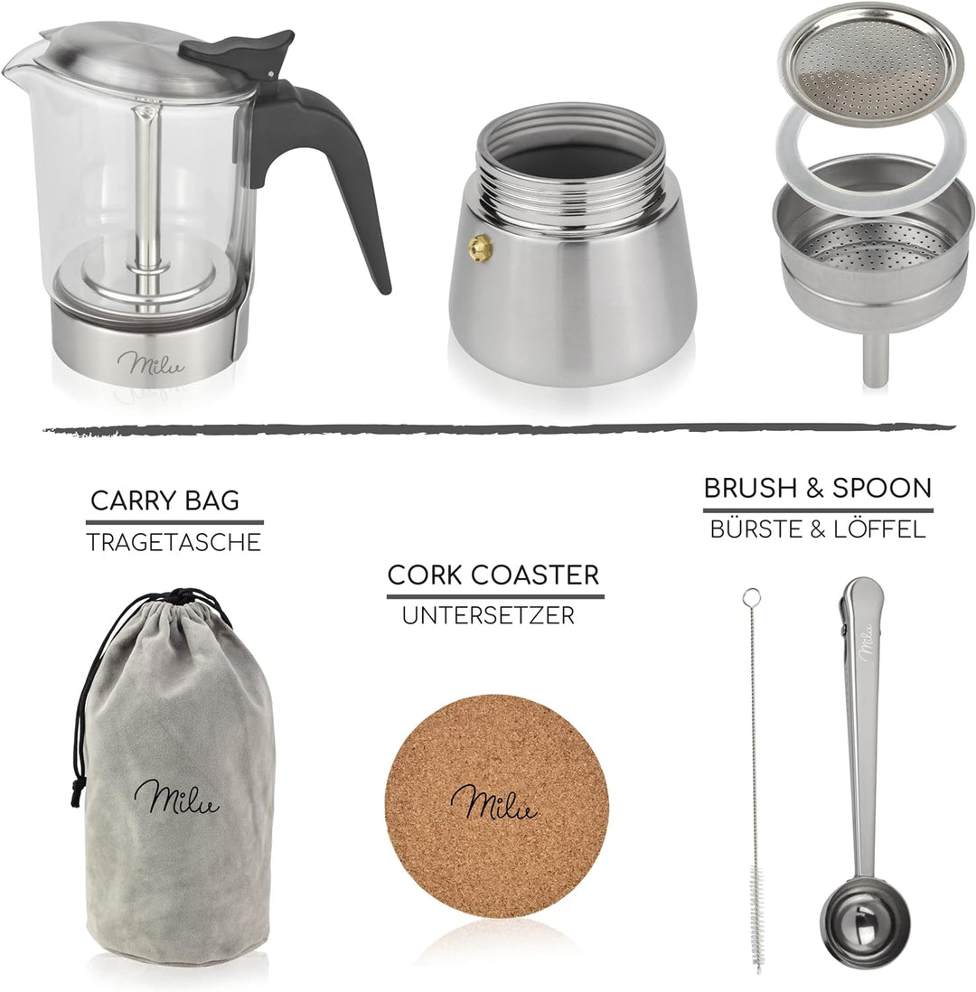 Milu Espressokocher Induktion geeignet | 4, 6 Tassen | Edelstahl Glas Mokkakanne, Espressokanne, Esp