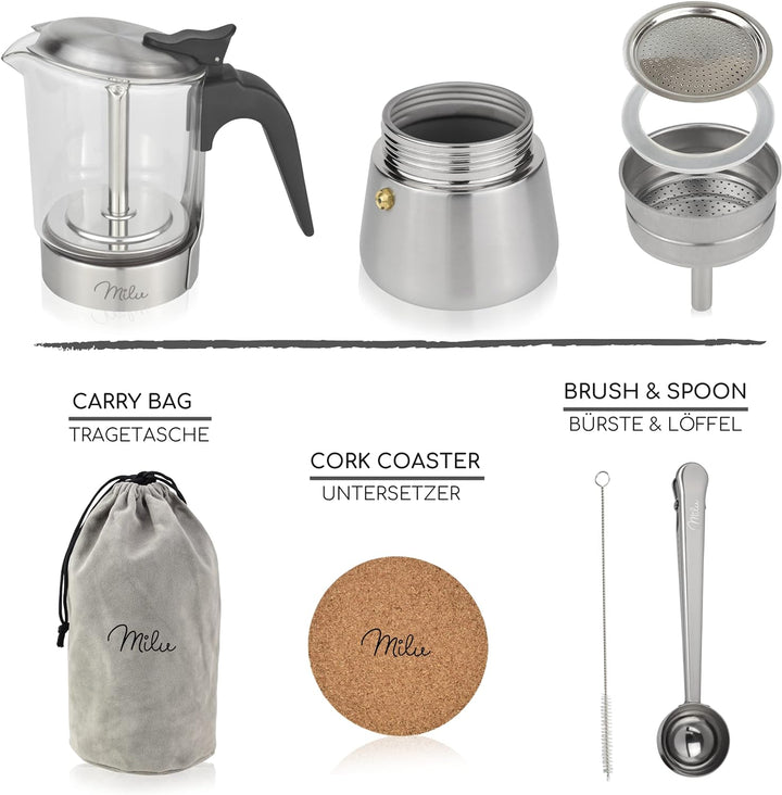 Milu Espressokocher Induktion geeignet | 4, 6 Tassen | Edelstahl Glas Mokkakanne, Espressokanne, Esp