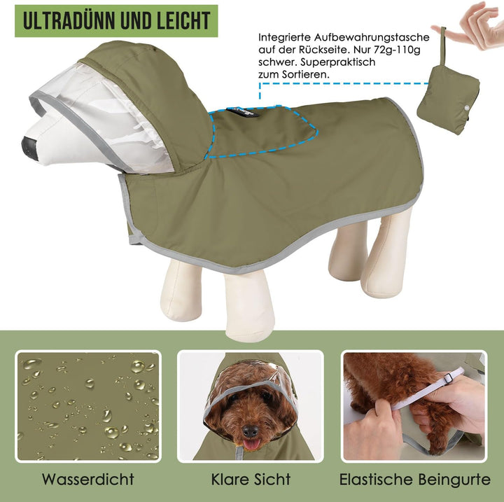 Hunderegenmantel, Leichter Wasserdichter Regenmantel mit Kapuze für kleine, mittlere & grosse Hunde,