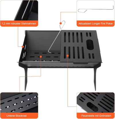 GFTIME 3-in-1 tragbare Feuerstelle, Campinggrill, klappbarer Holzkohlegrill - 46 x 32cm Klappgrill f