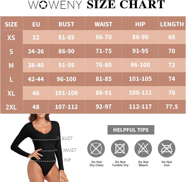 WOWENY Thermo Body Damen Langarm Elegant Langarmbody mit Spitze V-ausschnitt Fleece Bodysuit Warm Be