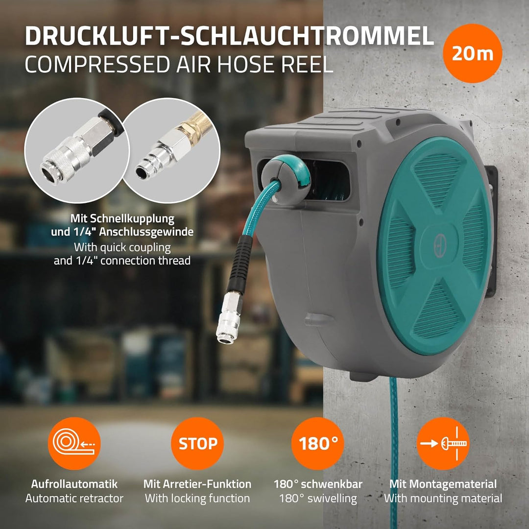 ECD Germany Druckluftschlauchtrommel 20m+2m, Automatischer Aufroller mit Arretierfunktion, 1/4" Ansc