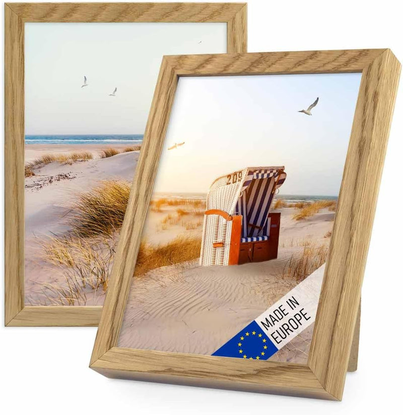 PHOTOLINI 2er Set Holzrahmen Eiche 15x20 cm Massivholz mit Acrylglasscheibe und Zubehör | Holz-Bilde