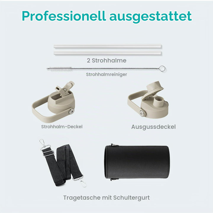 BUZIO 1L Edelstahl Trinkflasche isoliert mit Strohhalm &amp; Ausgussdeckel | Metall-Wasserflasche hält 4