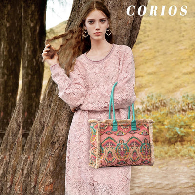 CORIOS Women Canvas Handbag Ethnic Style Tote Bag Retro Shoulder Bag with Tassels Summer Beach Bag L