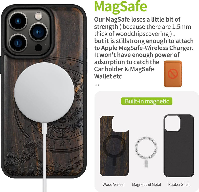 Carveit Handyhülle für iPhone 14 Pro Holz Cover kompatibel mit MagSafe Massivholz für Apple 14Pro St