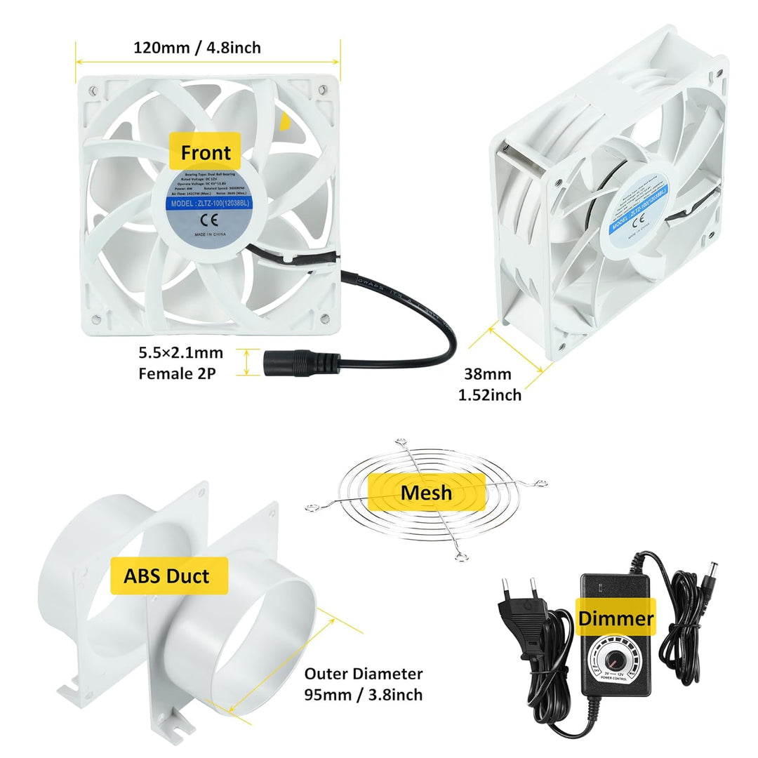 DC12V Rohrventilator, Lüfter 12V Abluftventilator ⌀100mm Axiallüfter mit 0~100% Regler, Kanaladapter