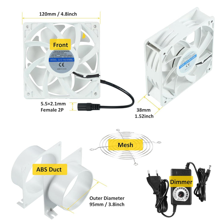 DC12V Rohrventilator, Lüfter 12V Abluftventilator ⌀100mm Axiallüfter mit 0~100% Regler, Kanaladapter