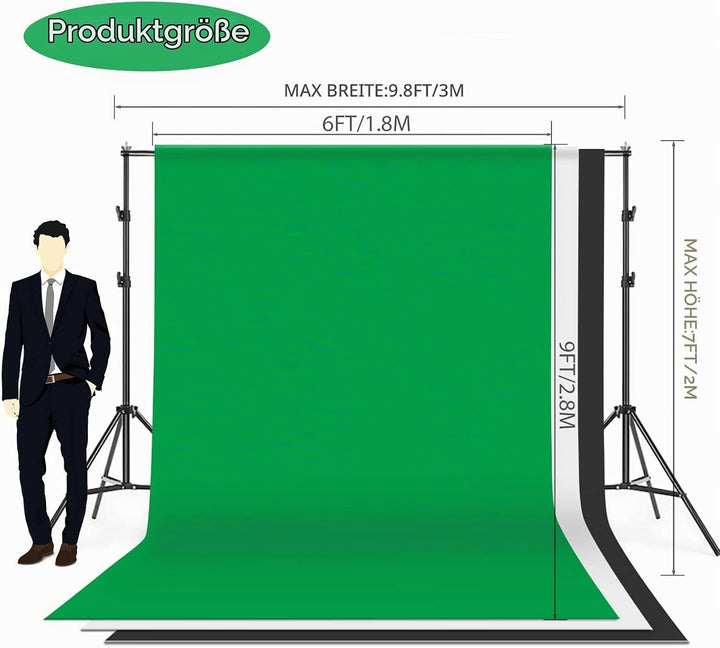 Andoer Fotostudio Set, 1.8M x 2.7M Hintergrund Stützsystem (Grün Schwarz Weiss) mit Softbox, Dauerli