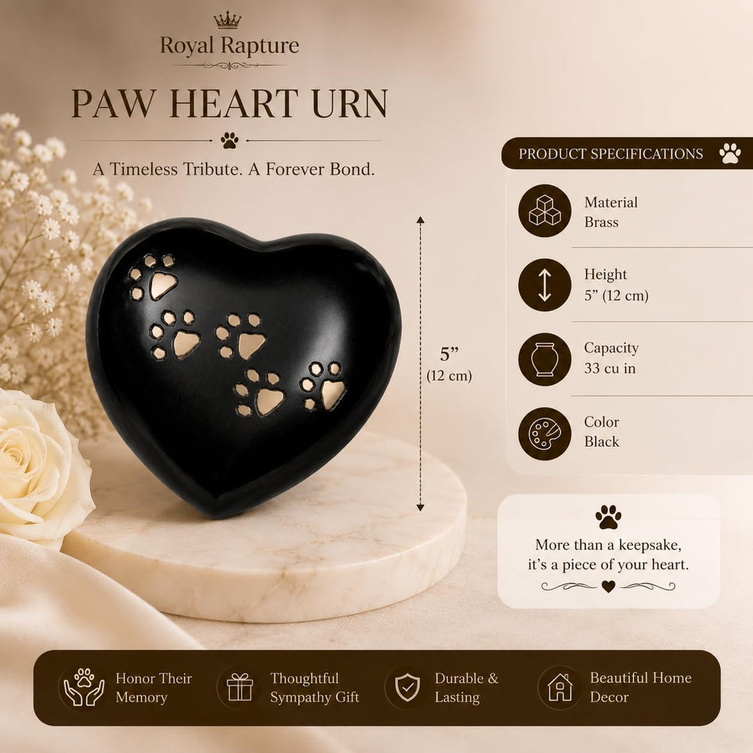 Urn for Ashes Paw Heart Funeral Cremation Memorial Keepsake Pet Dog Cat |Without Stand (Black 5") RH
