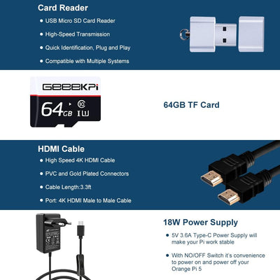 GeeekPi Orange Pi 5 Basic Starter Kit,Orange Pi 5 Case with 40mm Fan,Heatsinks,18W 5V 3.6A Power Sup