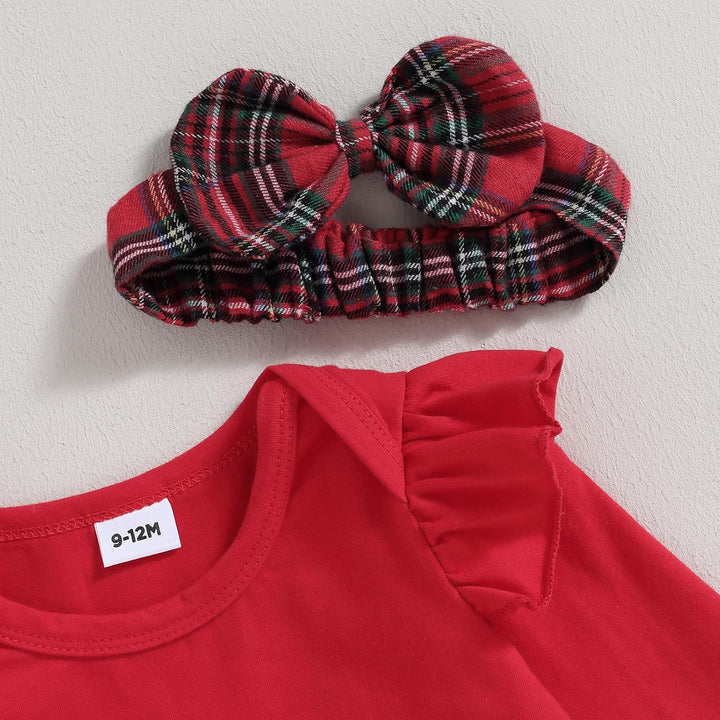Himllauen Baby Mädchen Weihnachtsoutfit Langarm Body + Karo Straps Rock + Haarband 3tlg Set Kleinkin