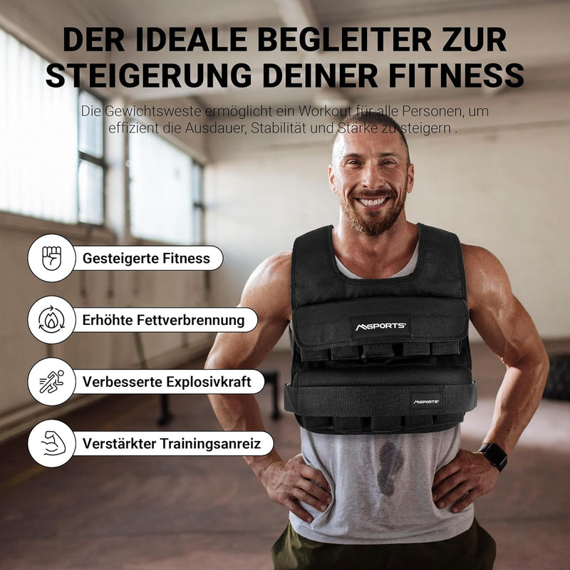 MSPORTS Gewichtsweste Premium Verstellbar von 5 kg - 30 kg Gewicht für Training Krafttraining 10 kg