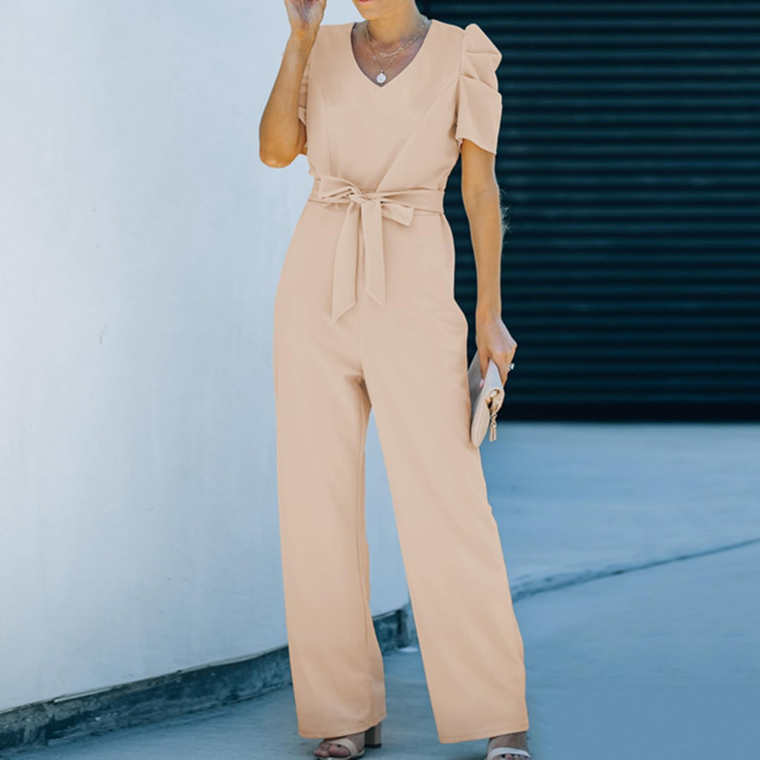 Damen Lang Jumpsuit Overall Hosenanzug Elegant Romper Kurzarm Rundhals Playsuit mit Gürtel Hosenanzu