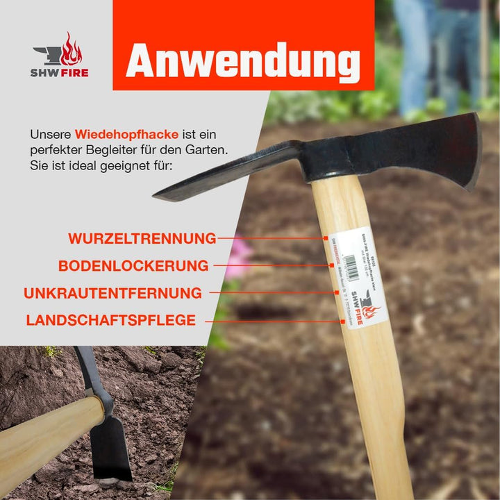 SHW-FIRE Profi Wiedehopfhacke klein - Gartenhacke mit Breitblatt, robust geschmiedet und 135cm Stiel