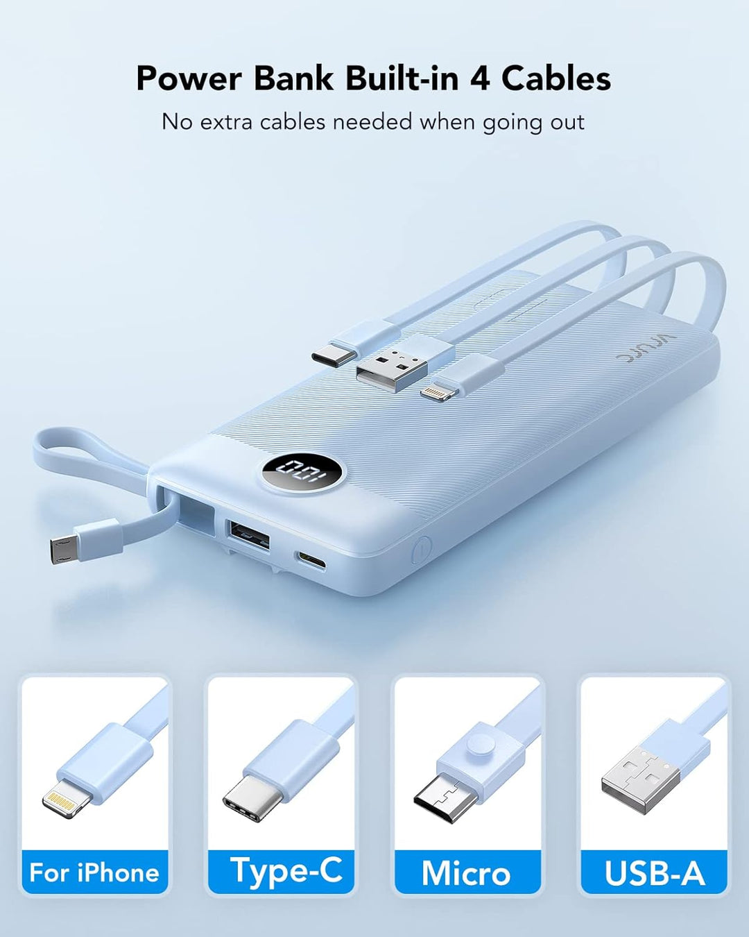 VRURC Power Bank mit 4 Kabel 10000mAh Powerbank Tragbares Ladegerät USB C Externer Handyakkus LED Di
