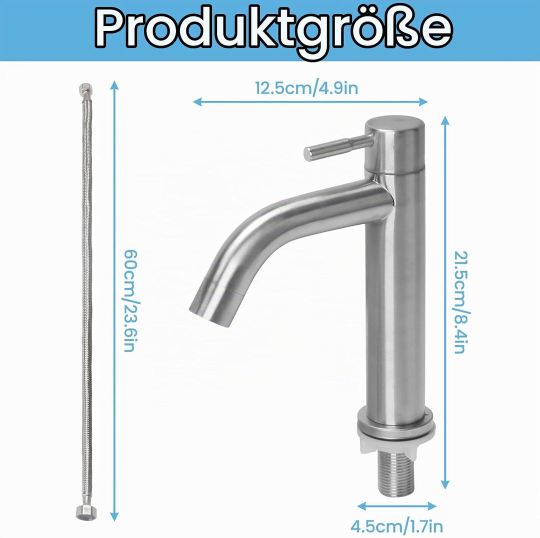 Waschtischarmatur Edelstahl Kaltwasserhahn Gäste WC mit Schlauch, Kaltwasser Armatur, Wasserhahn Bad