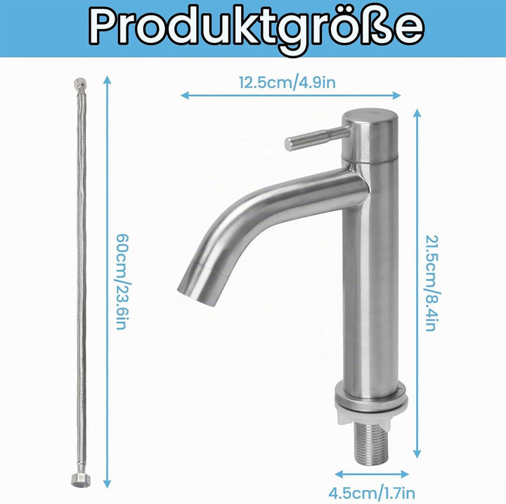 Waschtischarmatur Edelstahl Kaltwasserhahn Gäste WC mit Schlauch, Kaltwasser Armatur, Wasserhahn Bad