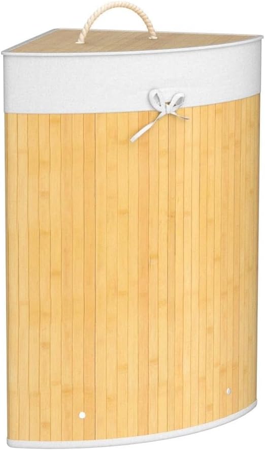 Relaxdays Eckwäschekorb Bambus, Faltbare Wäschebox 60 l, platzsparend, Wäschesack Baumwolle, 65 x 49