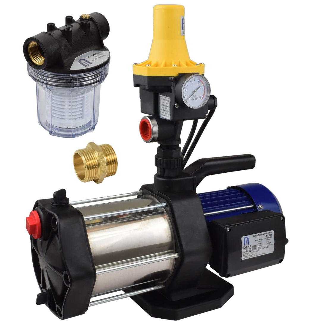 Agora-Tec® AT-Hauswasserwerk-5-1300-3DW-1L, 5 stufige Kreiselpumpe mit max: 5,6 bar und max: 5400l/h