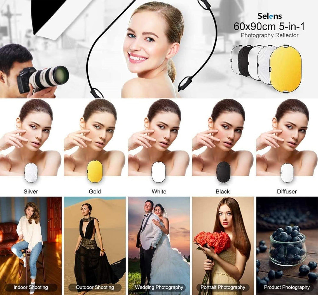 Selens 5-in-1 60x90cm Oval Reflektor Tragbarer Faltbarer für Fotografie Fotostudio Beleuchtung und A