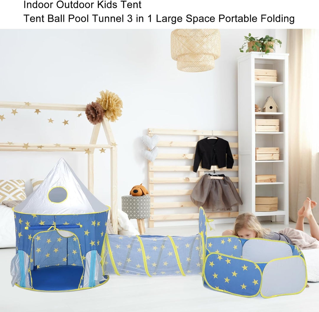 3-in-1 Kinderspielzelt mit Krabbeltunnel und Bällebad, Pop-Up-Spielhaus für Drinnen und Draussen, Tr