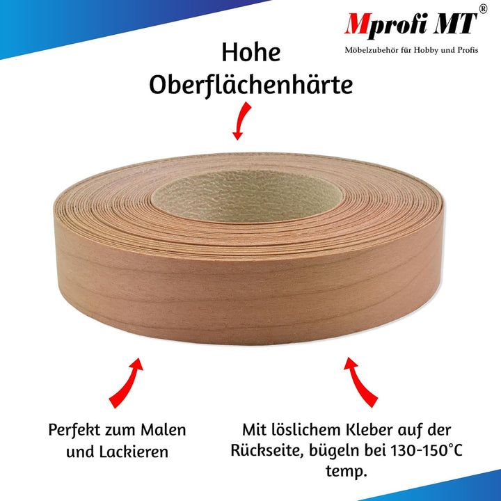 Mprofi MT® 10m Rolle-Kantenumleimer-Echtholz Furnier Umleimer mit Schmelzkleber-Bügelkante für Regal