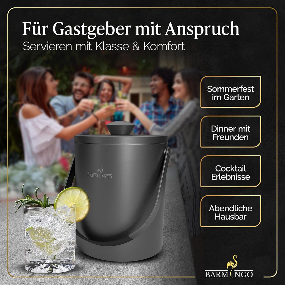 BARMINGO Edelstahl Eiswürfelbehälter mit Deckel - 2l Eisbehälter mit Sieb, Eiswürfelform, Zange | Ei