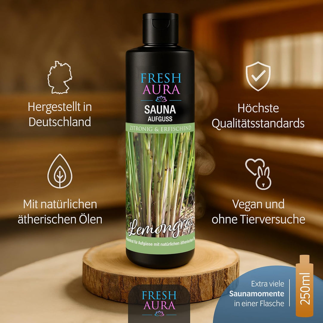 Saunaaufguss Lemongras (250ml) – Sauna Aufgussmittel mit natürlichen ätherischen Ölen – Sehr ergiebi