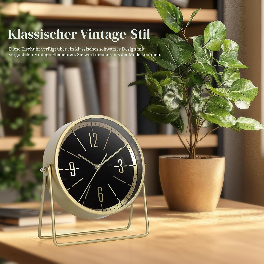 Vintage Metall-Tischuhr – Leise Kaminuhr ohne Ticken mit verstellbarem Winkel, Analoge Standuhr im R