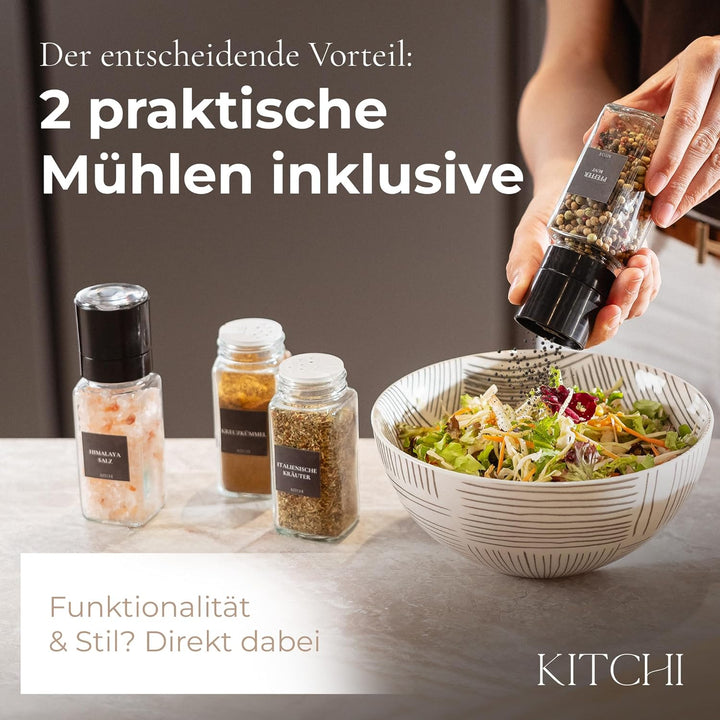 KITCHI Gewürzgläser 24er Set mit 2 Mühlen – schwarze Deckel Schwarz + 2 Mühlen, Schwarz + 2 Mühlen