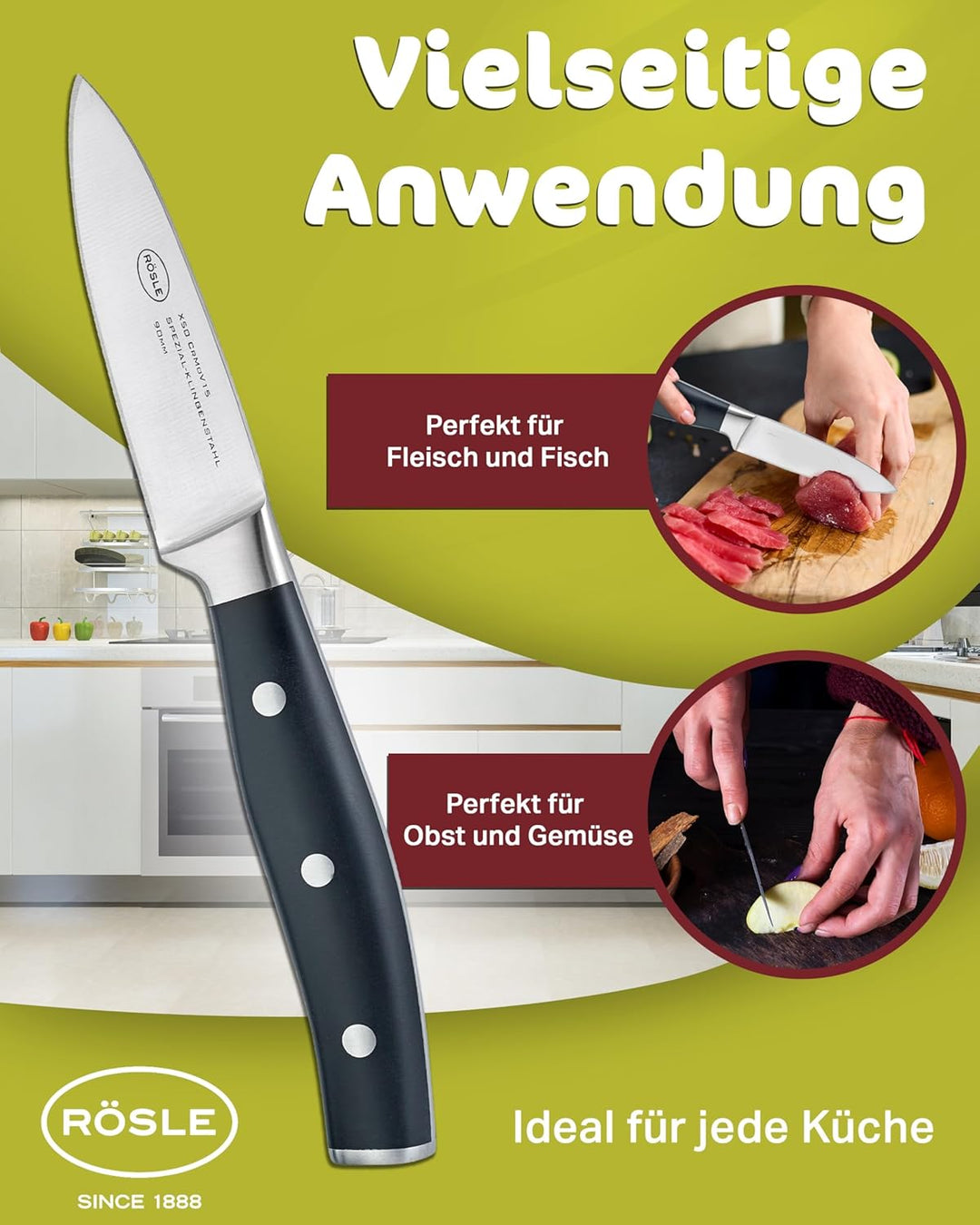 RÖSLE Spickmesser Tradition 9 cm - Hochwertiges und scharfes Küchenmesser zum Schneiden, Spicken und