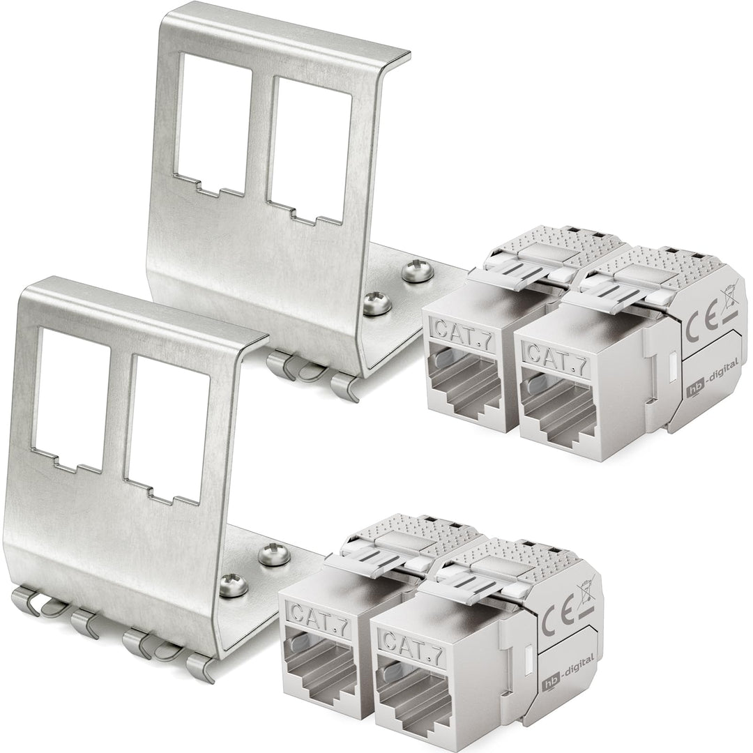 hb-digital Set: 4X CAT.7 Keystone RJ45 Modul + 2X Hutschienenadapter Metall Keystone-Halterung für H