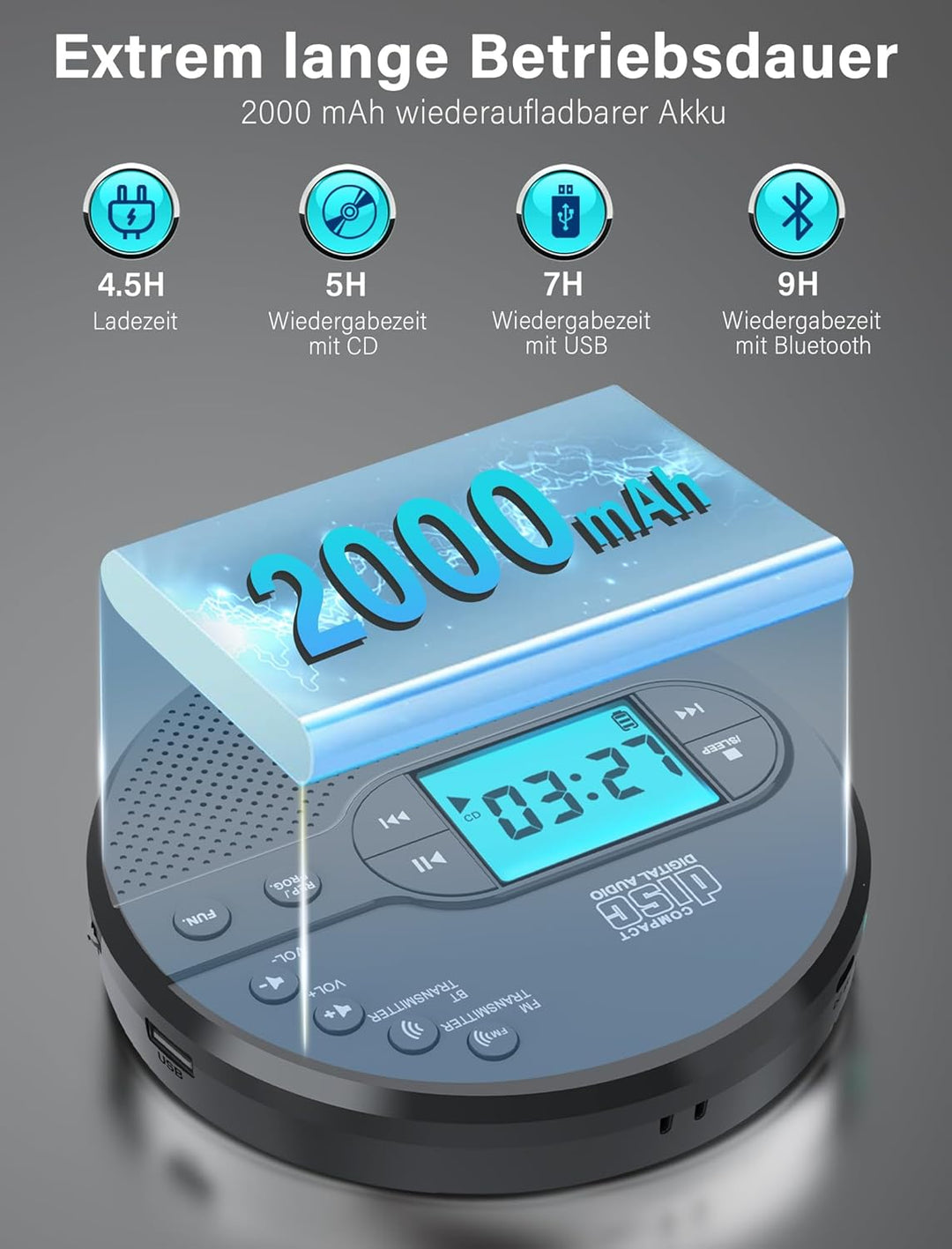 Walkman CD-Player mit Bluetooth - 2000mAh Wiederaufladbarer Discman CD-Player mit FM-Transmitter, Ko