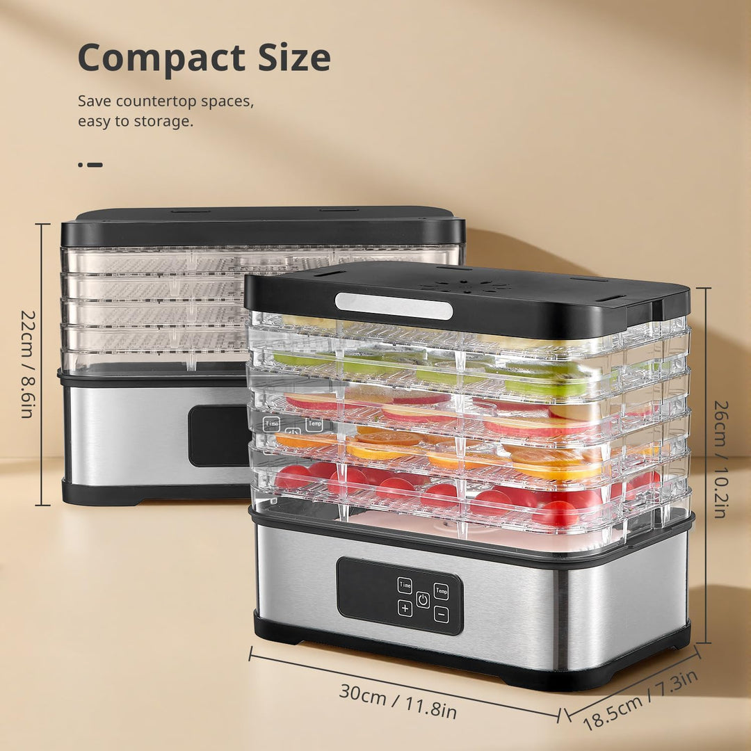 Dörrautomat mit Digitalem Timer & Temperaturregelung, 250W Elektrischer Lebensmitteltrockner mit 5 T